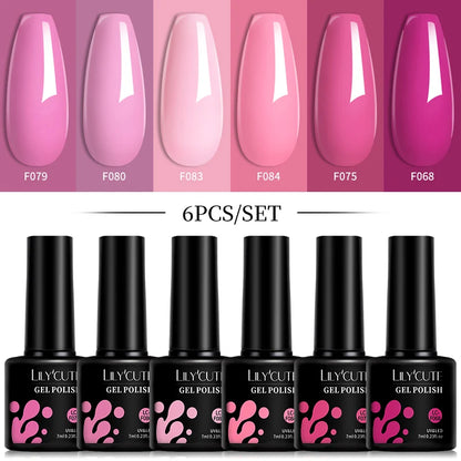 LILYCUTE 6-teiliges Set 7 ml Gel-Nagellack zum Selbermachen, leuchtend pink, semi-permanent, UV-/LED-beständig, Nageldesign-Set