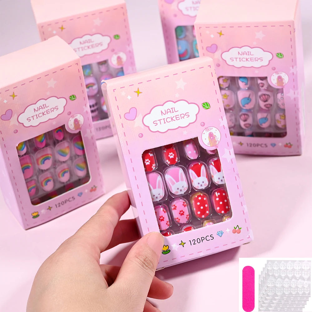 120Pcs Children's Press on Nails Kids Cartoon Acrylic Fake Nails Tips Kawaii Girl Full Cover Short False Nails With Jelly Glue#@
