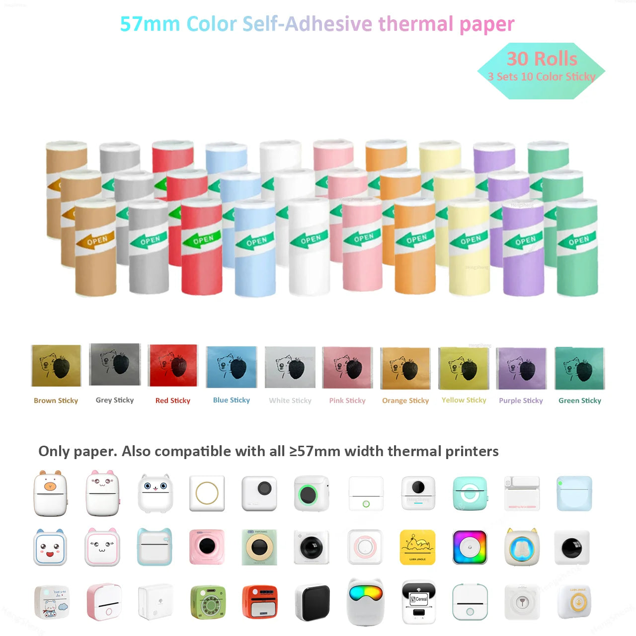 Color Label Sticker Mini Printer Thermal Paper 57mm 10ft Self-adhesive Thermal Printing Paper For Inkless Printing Photo Picture