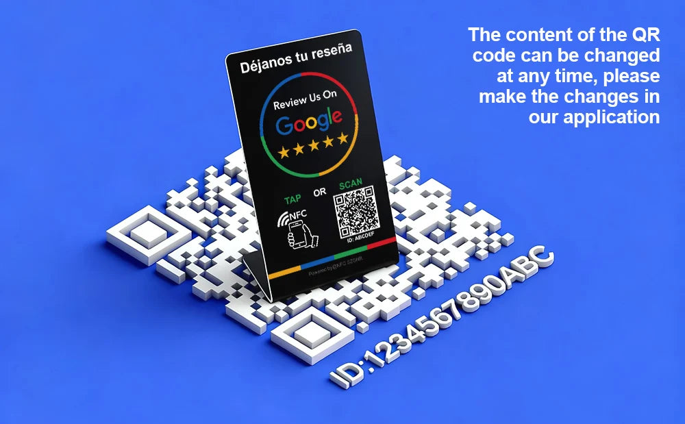 Spanish English QR code NFC Standing Sign Google review NFC215 Review Stand Click URL Unlimited Modification Editing QR Codes