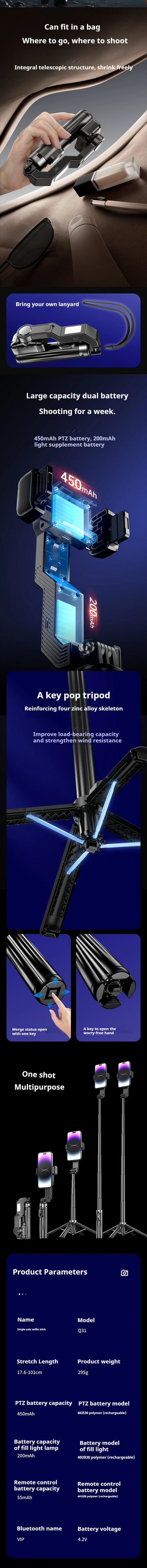 Q31 Single-Axis Stabilizer Selfie Stick Tripod Smart and stable mobile phone holder with Fill Light for Smartphone