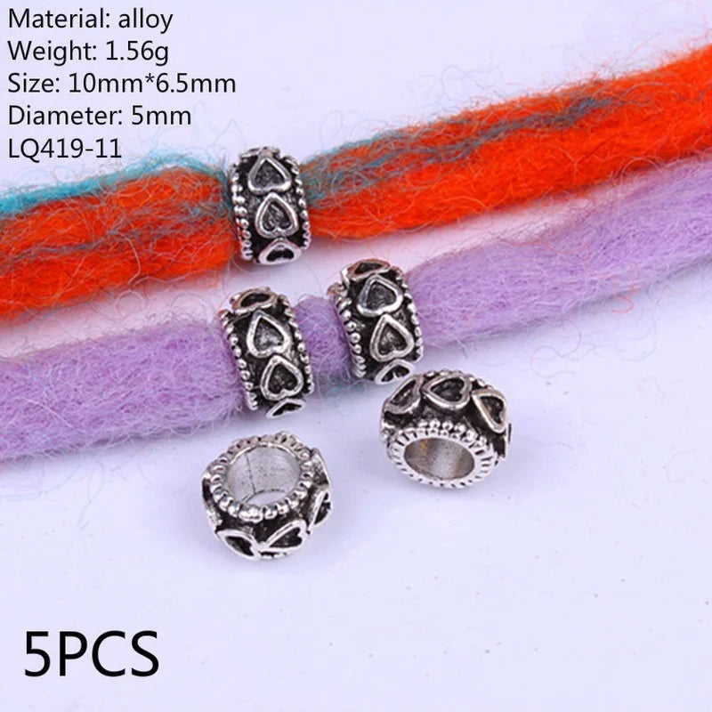 5 Pcs Antique Silver Hair Braid Dread Dreadlock Beads Cuffs Tuber Approx 8mm Inner Hole for Hair Styling Accessories Tool