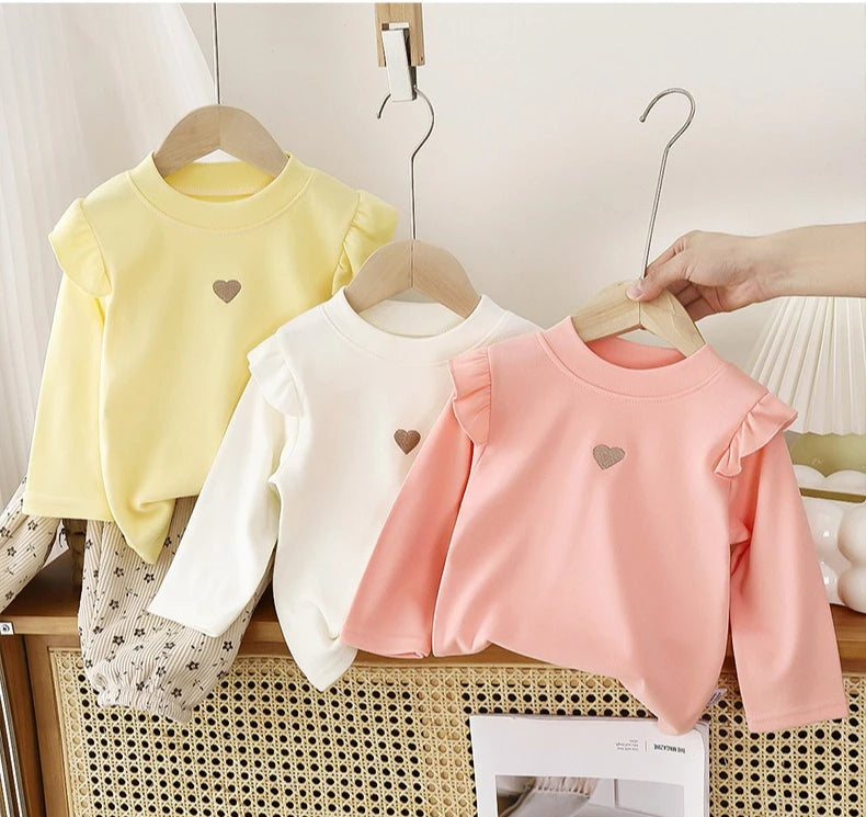 Spring Girl Children Heart Print T shirt Princess Baby Solid Ribbed Bottoming Shirt Kid Casual Cotton Tees Clothes