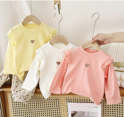 Spring Girl Children Heart Print T shirt Princess Baby Solid Ribbed Bottoming Shirt Kid Casual Cotton Tees Clothes