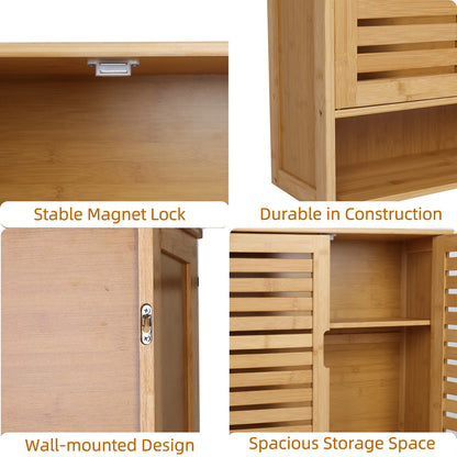 Natural Bamboo Wall-mounted Bathroom Cabinet, Kitchen Cupboard, Storage Organizer, Adjustable Shelf