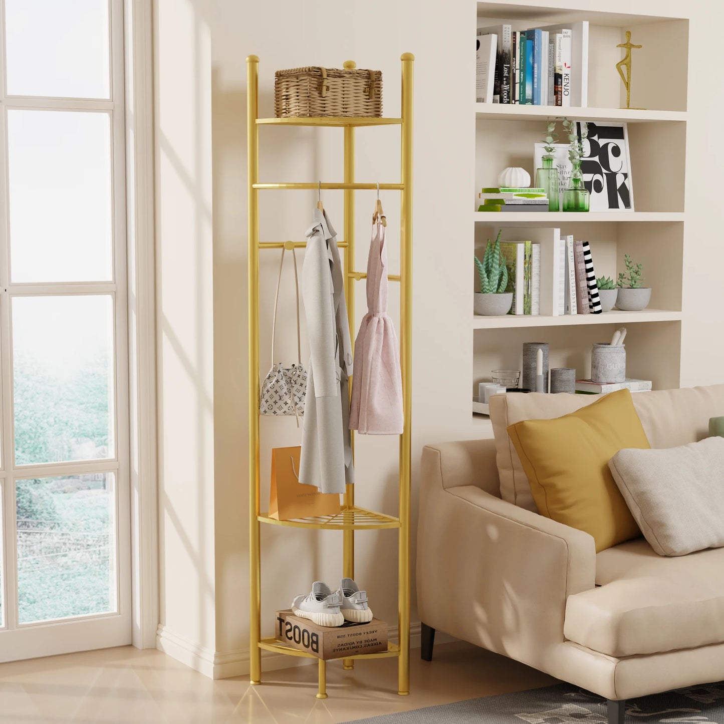Freestanding Coat Rack with Shelve, Heavy Duty Corner Clothes, Hat Clothes Hall, Tree Stand, Gold Metal, Bedroom, Hallway