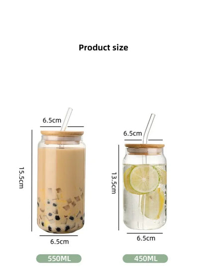 Glass Straw Cup with Dustproof Wooden Lid Heat-resisting Transparent Glass Bottle Breakfast Cola Milk Drinking Cups Holiday Gift