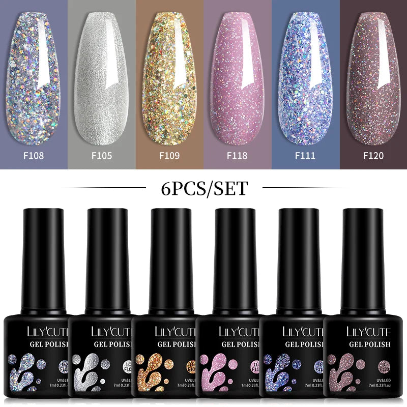 LILYCUTE 6-teiliges Set 7 ml Gel-Nagellack zum Selbermachen, leuchtend pink, semi-permanent, UV-/LED-beständig, Nageldesign-Set