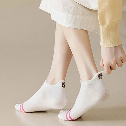 5 Pairs Spring/Summer Women's Fashion Disney Sweet and Cute Cartoon Anime Embroidered Mickey Mouse Pattern Versatile Ear Socks