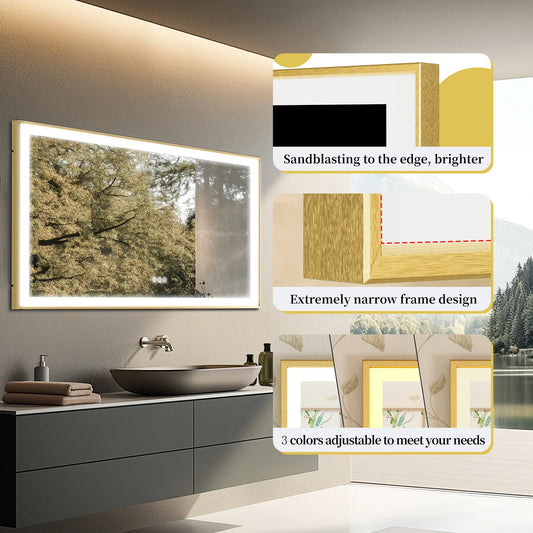 Gold Lighted Bathroom Mirror Rectangular Large LED Lighted Bathroom Mirror Gold Aluminum Frame with Front-lit Adjustable