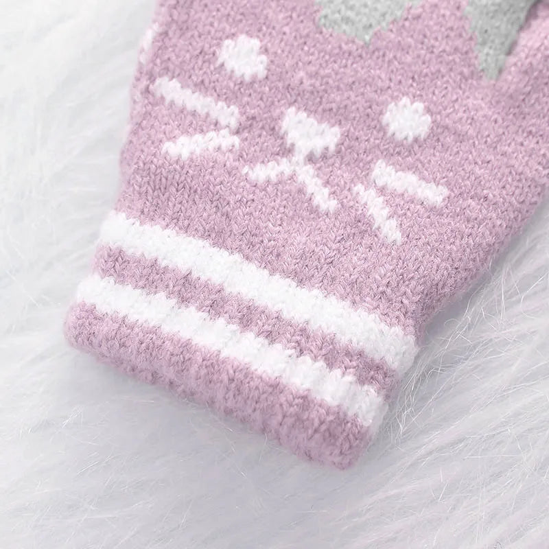 Cute Cartoon Kids Knitted Gloves Thick Fleece Children Five Finger Mittens 4-10Year Boys Girls Winter Hand Warmer Fashion Gloves