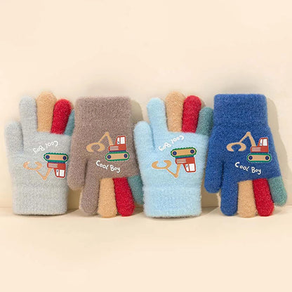 Kids Winter Gloves - Cute Excavator Cartoon Knitted Mittens for Boys & Girls (Ages 7-13)