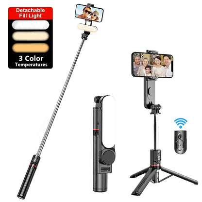 Selfie Stick with Fill Light Tripod with Bluetooth Remote Shutter Retractable Rod for iPhone Xiaomi Huawei for Phone Video Live