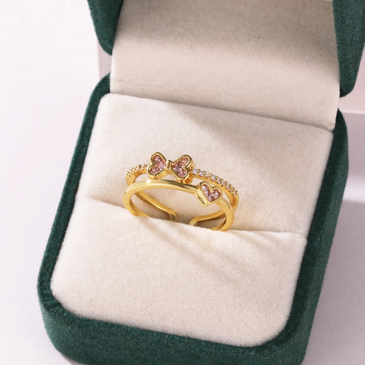 Pink Zircon Bow Heart Rings For Women Gold Plated 18K Plated Adjustable Heart Ring 2026 Trend Wedding Aesthetic Jewelry Gift