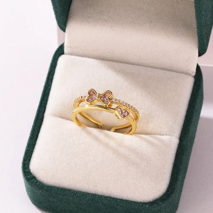 Pink Zircon Bow Heart Rings For Women Gold Plated 18K Plated Adjustable Heart Ring 2026 Trend Wedding Aesthetic Jewelry Gift