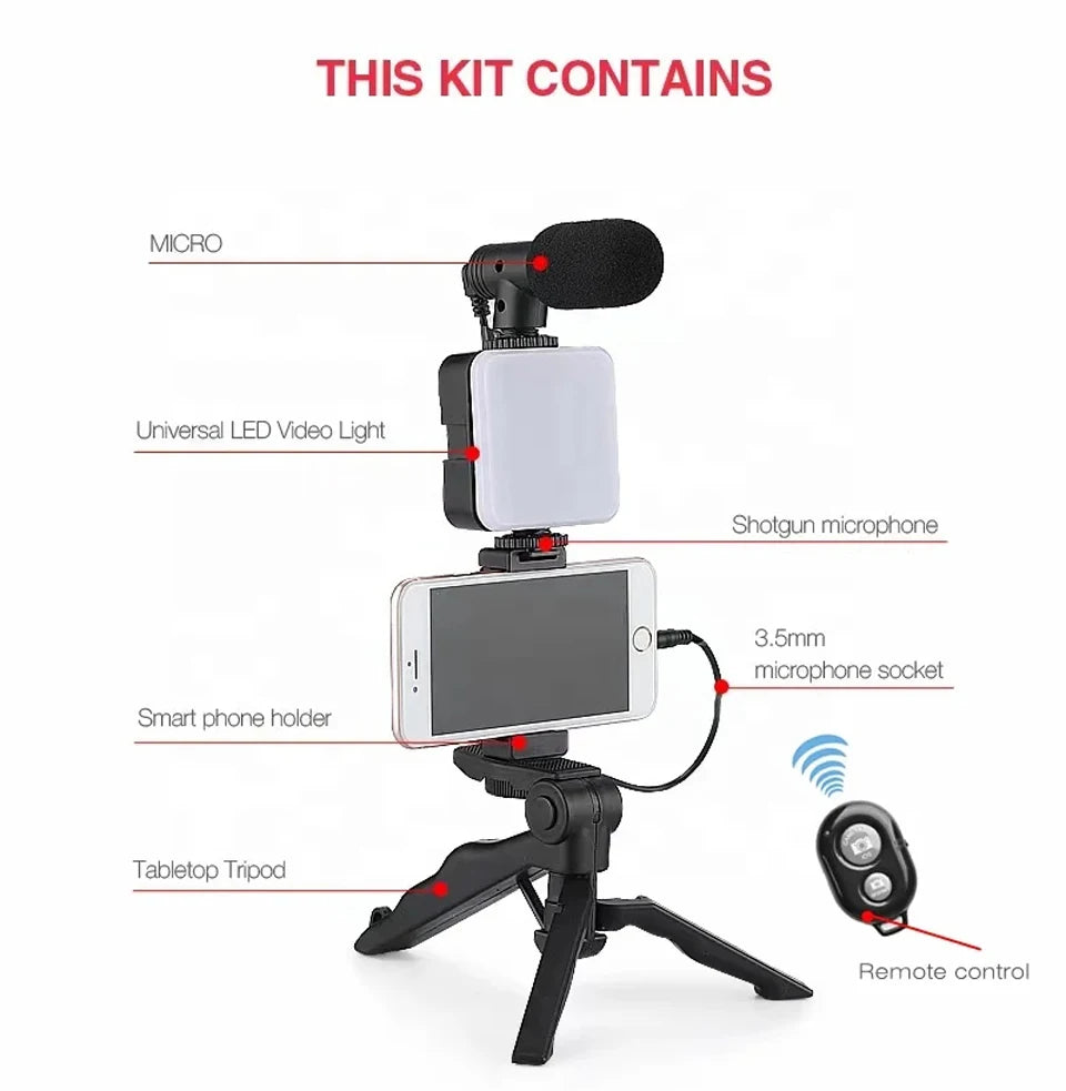 Phone Vlogging Starter Kit: Tripod, Holder, Mini Microphone, LED Light for TikTok Live & YouTube