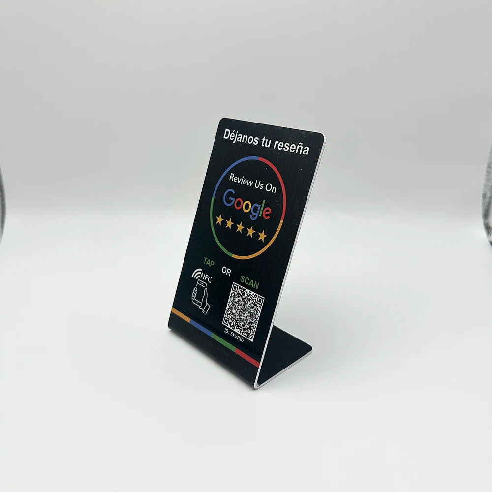 Spanish English QR code NFC Standing Sign Google review NFC215 Review Stand Click URL Unlimited Modification Editing QR Codes