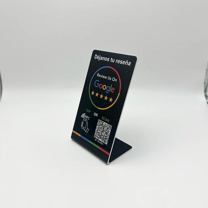 Spanish English QR code NFC Standing Sign Google review NFC215 Review Stand Click URL Unlimited Modification Editing QR Codes