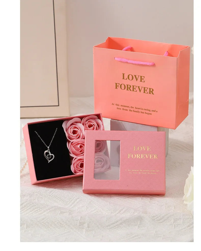 Valentine's Day Jewelry Gift Packaging Box  6 Rose Pendants Ring Bracelet Eternal Flower Window Opening Jewelry Box Romantic Bag