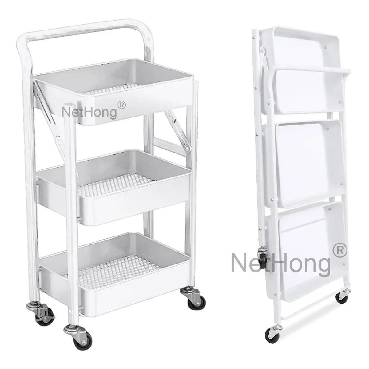 3 Tier Metal Folding Trolley Cart Storage Rack Rolling Shelf Beauty Office Wheel