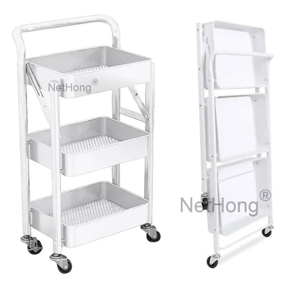 3 Tier Metal Folding Trolley Cart Storage Rack Rolling Shelf Beauty Office Wheel