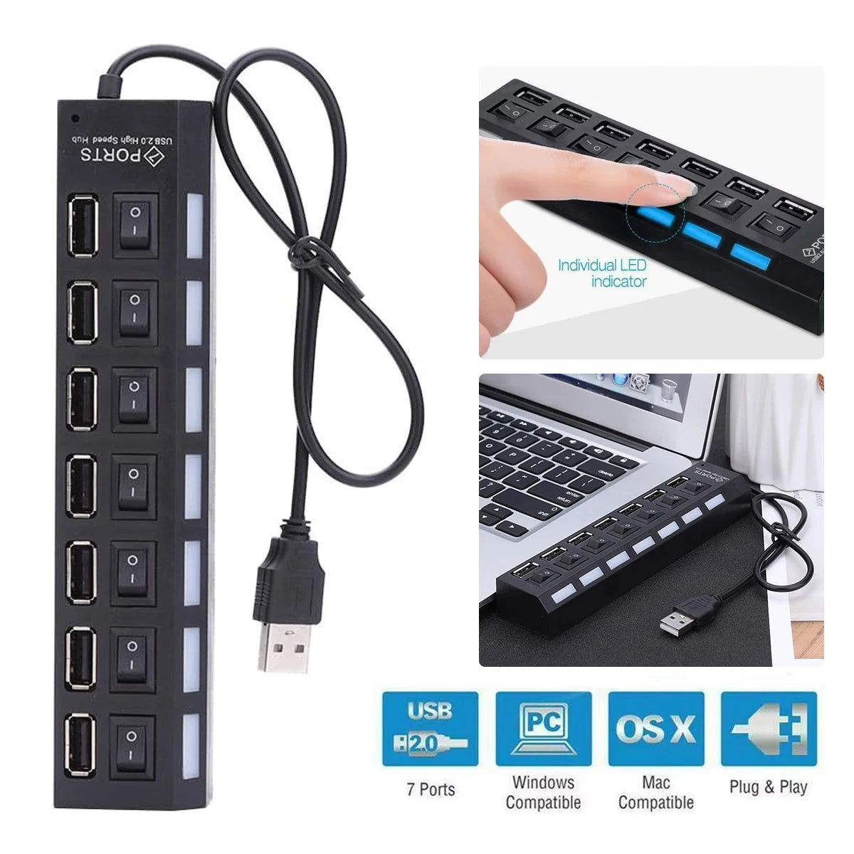 Hochgeschwindigkeits-USB-2.0-Hub mit 7 Ports, Adapter, Multi-USB-Splitter und Mehrfach-Extender mit LED-Lampenschalter für PC und Laptop
