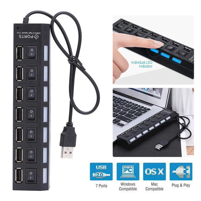 Hochgeschwindigkeits-USB-2.0-Hub mit 7 Ports, Adapter, Multi-USB-Splitter und Mehrfach-Extender mit LED-Lampenschalter für PC und Laptop
