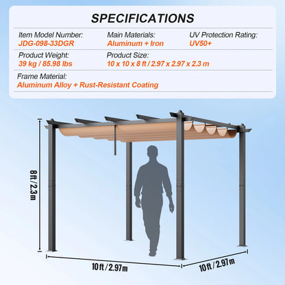 VEVOR Outdoor Retractable Pergola with Canopy Aluminum Pergola with Canopy Modern Pergola with Sun Shade Canopy for Patios