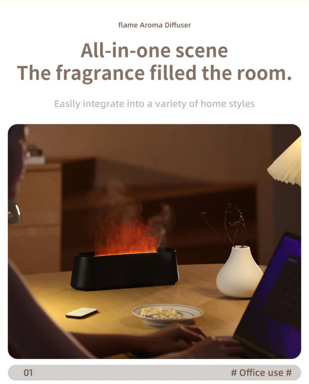 Luftbefeuchter mit Flammen-Aromatherapie-Diffusor, der ätherische Öle in 7 Farben aufnehmen kann, mit Timer und USB-Anschluss für den Schreibtisch.