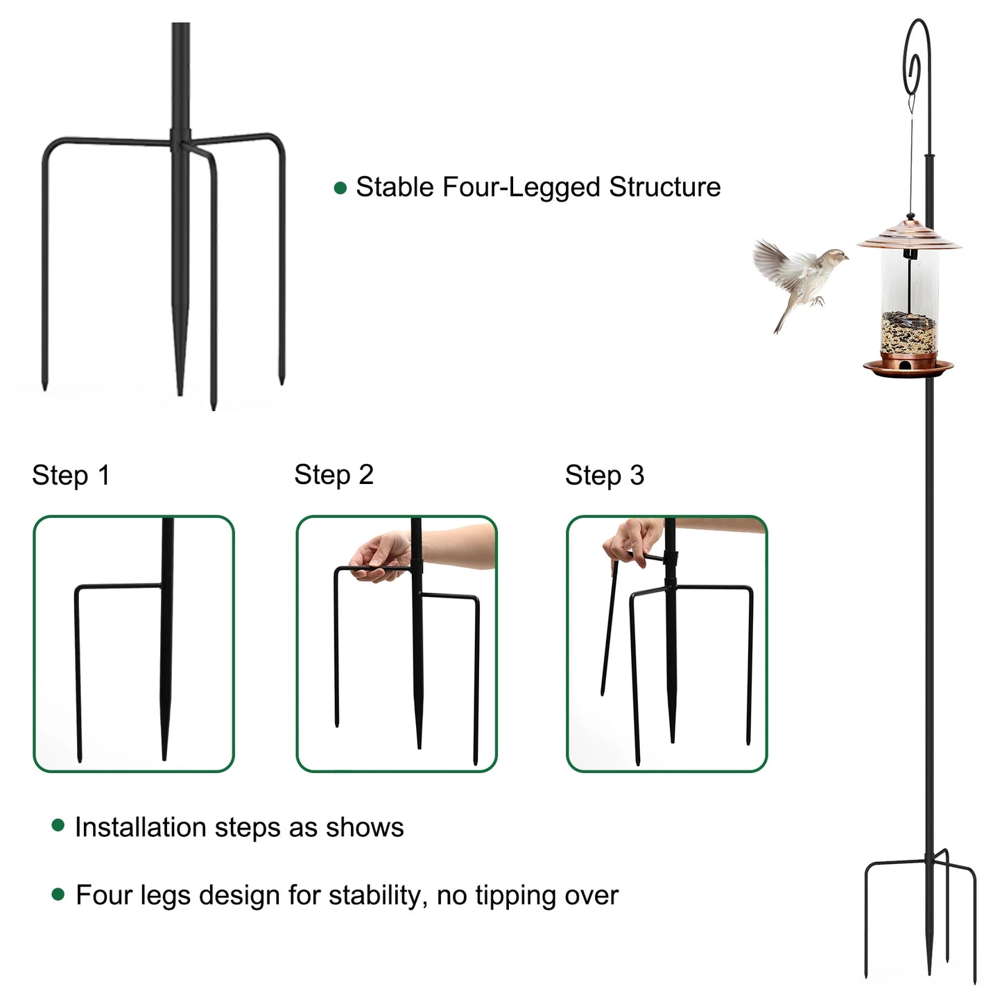 Hohe Hirtenstabhaken, Metall-Gartenhaken, 3-teiliger Rohrständer, abnehmbare Vogelfutterstange, Gartenhänger, 2 Stück
