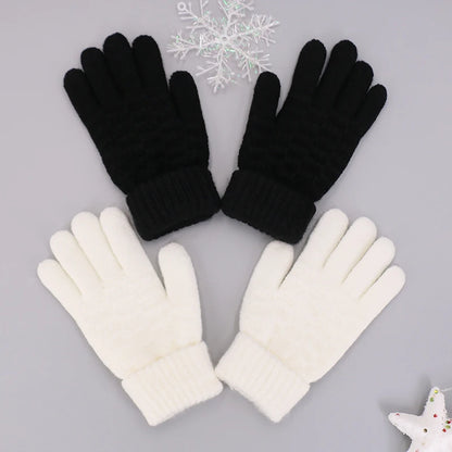 Winter Children Knitted Gloves Thick Woolen Kids Five Fingers Glove 8-15year Boy Girl Baby Hand Warmer Black White Fleece Mitten