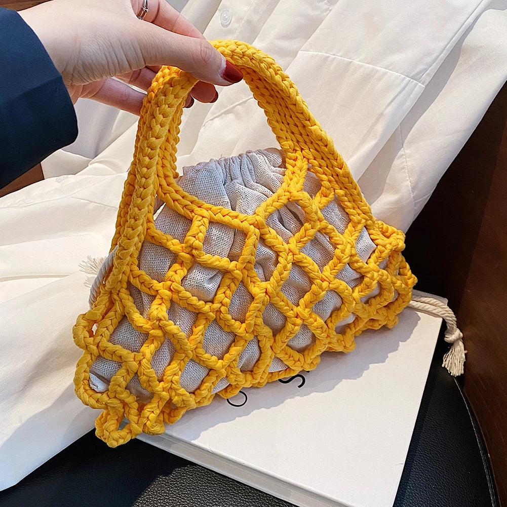 Summer Cotton Thread Woven Handbag Women Crochet Beach Bag Hollow Out Knitting Mini Top-Handle Bag Straw Mesh Boho Wristlet Bags