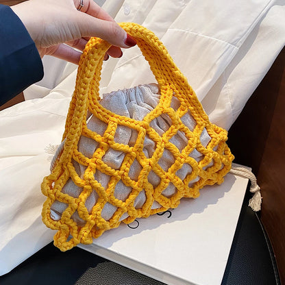 Summer Cotton Thread Woven Handbag Women Crochet Beach Bag Hollow Out Knitting Mini Top-Handle Bag Straw Mesh Boho Wristlet Bags