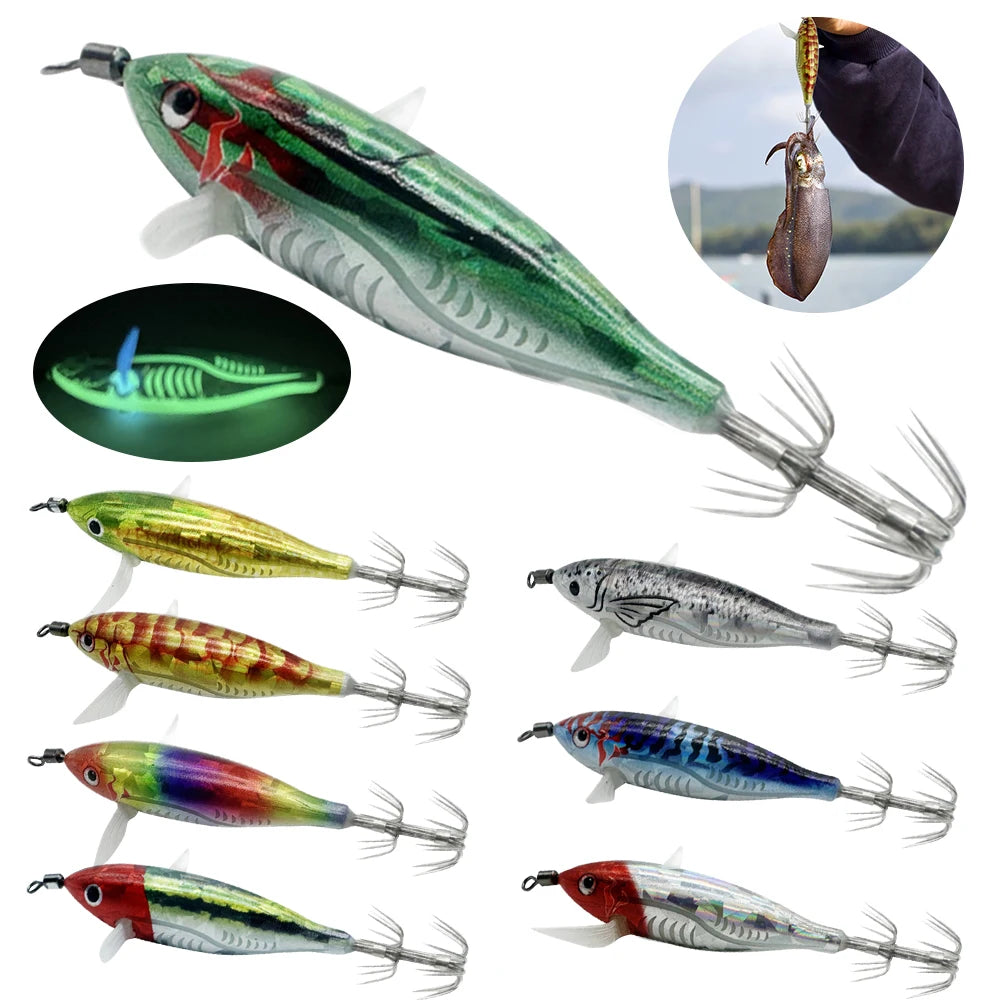 Horizontal wood Shrimp 5.5g Laser Luminous Floating Egi lure Squid Jigging Shrimp Octopus Cuttlefish Night Fishing Baits Sea