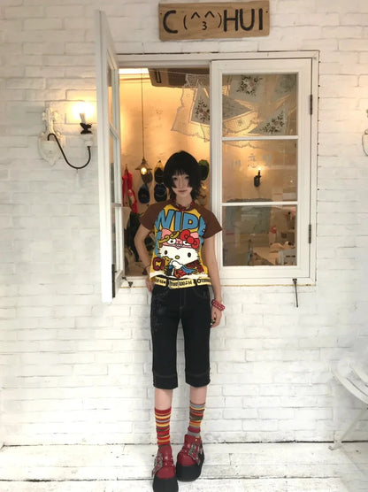 Y2K Sanrio Hello Kitty New Anime Fashion Short Tops Summer Cute Tees Cartoon Printed High Street Gothic Short Hottie T-shirts