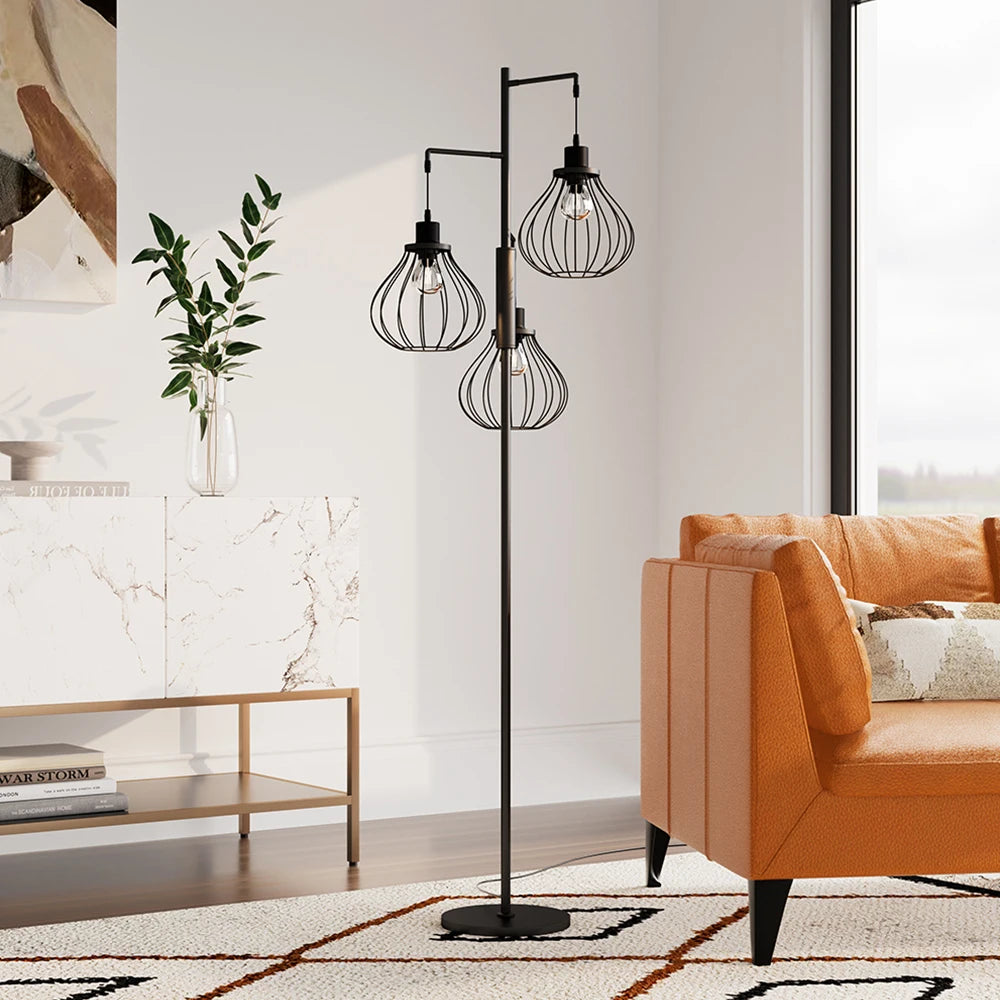 KOMORE Black Modern Industrial Style 3-head Floor Lamp with Irregular Shade for Living Room Office, Bedroom, Hallway, Porch