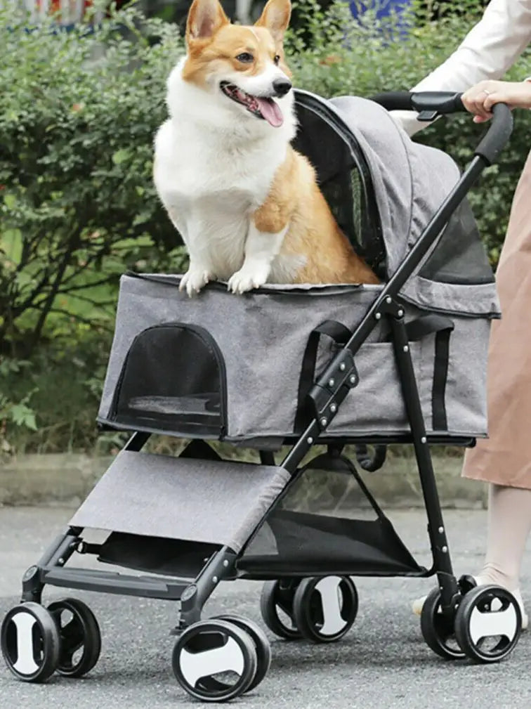 Large 4 Wheel Dog Carrier Trailer, Pram with Mesh Windows, Outdoor Portable Puppy Travel Walk Carrier, Load 30kg