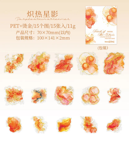 15 Pcs Creative Watercolor smudging hot stamping Stickers hand tent DIY Stick Labels Scrapbooking Material Junk Journal Supplies