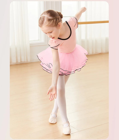 Girls Pink Ballet Leotard with Tutu Short Sleeve Dance Bodysuit for Toddler Girls Cotton Ballerina Wear