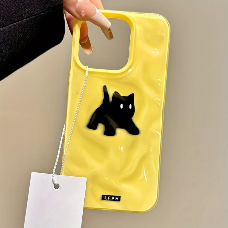 Cute Black Fuzzy Cat Shockproof Phone Case For iPhone 17Air 16 15 14 12 13 11 Pro Max Candy Color Wave Pattern Protective Cover