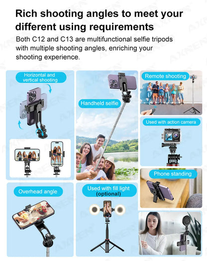 AXNEN Mobile Phone Tripod C12/C13 Tipods for Cellphone Gopro Action Camera, 1325mm Stand with Wireless Bluetooth Remote for Live