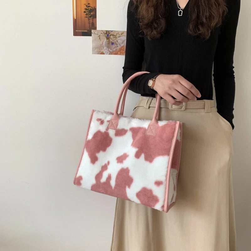 Winter Faux Fur ,Leopard Print Designer Shopper Totes, Fashion Soft Plush Women Shoulder Bags, Large Capacity Handbags and Purse