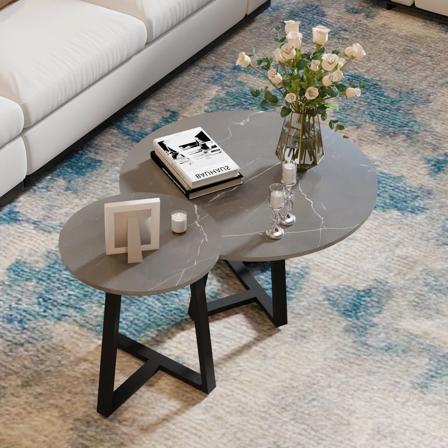 Modern Nesting Coffee Table, Round Accent Cafe Table, Side End Table, Grey Sintered Stone, Metal Frame, Set of 2