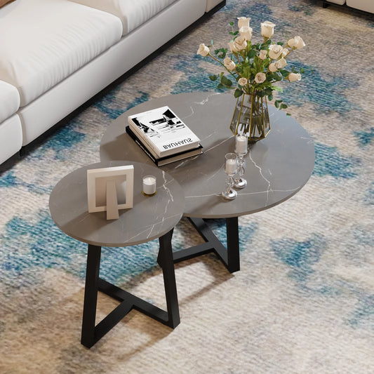 Modern Nesting Coffee Table, Round Accent Cafe Table, Side End Table, Grey Sintered Stone, Metal Frame, Set of 2