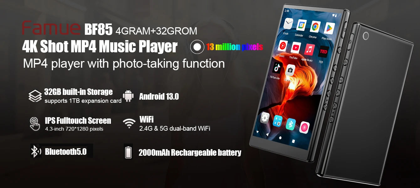 Famue MP3 Player Android 13 with Bluetooth and WiFi，MP3 MP4 Player with Spotify，Audible，Pandora，Standalone / Networked Version