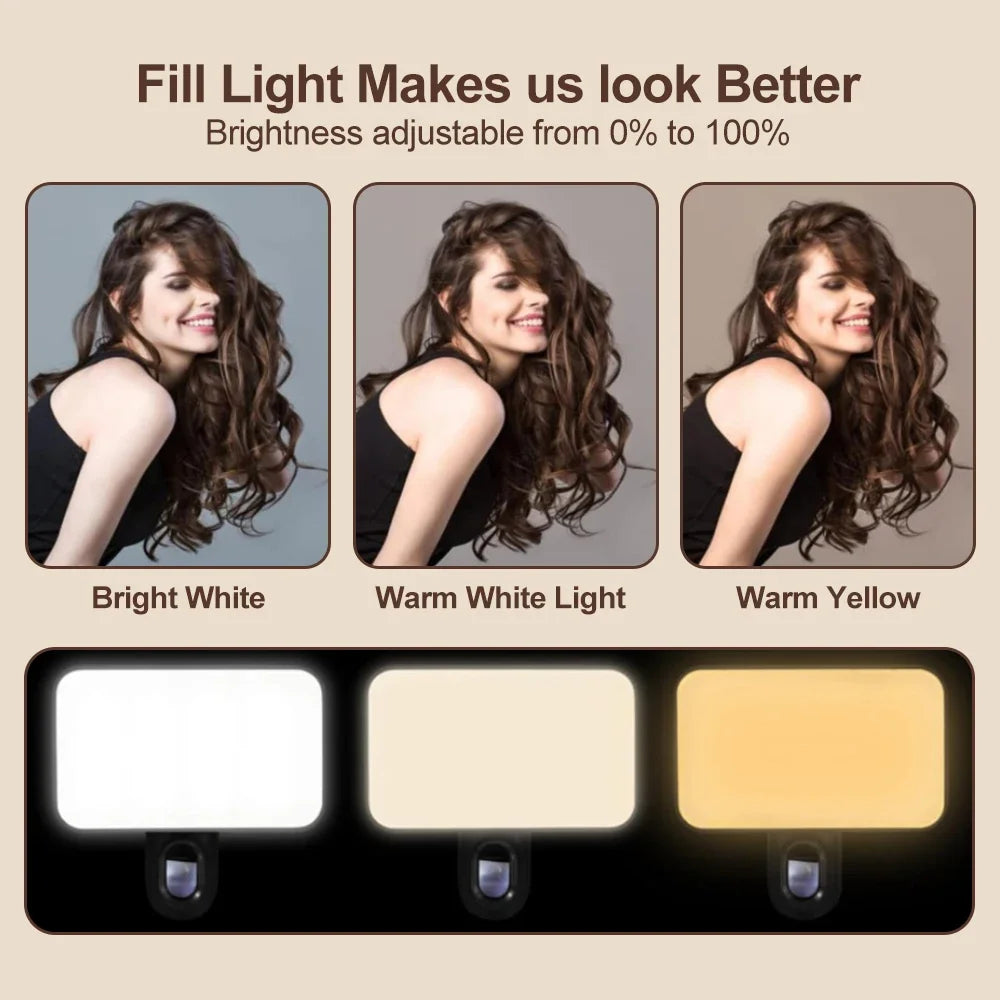 Mini Selfie Fill Light Rechargeable 3 Color Modes Adjustable Brightness Clip on Mobile Phones Computers Photography LED Lights