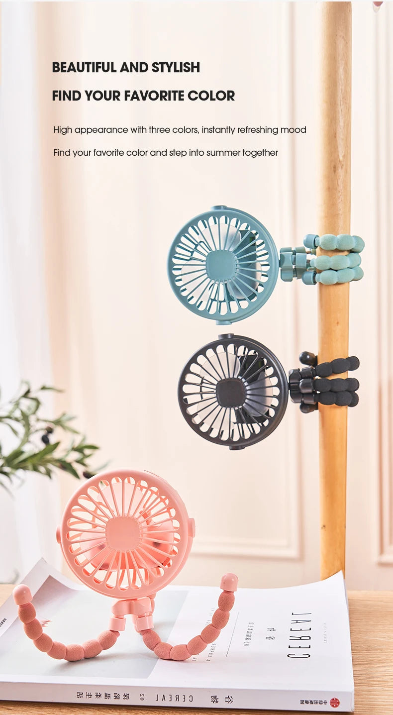 HOMEFISH Portable Baby Stroller Fan Oscillating Clip-on Mini Fan USB Battery Operated with Flexible Tripod for Pram Car Seat