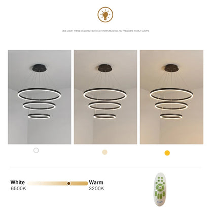 KOMORE Modern 3 Ring Aluminum Round Hanging LED Pendant Light Stepless Dimming & Cool White for Kitchen Living Room Hallway