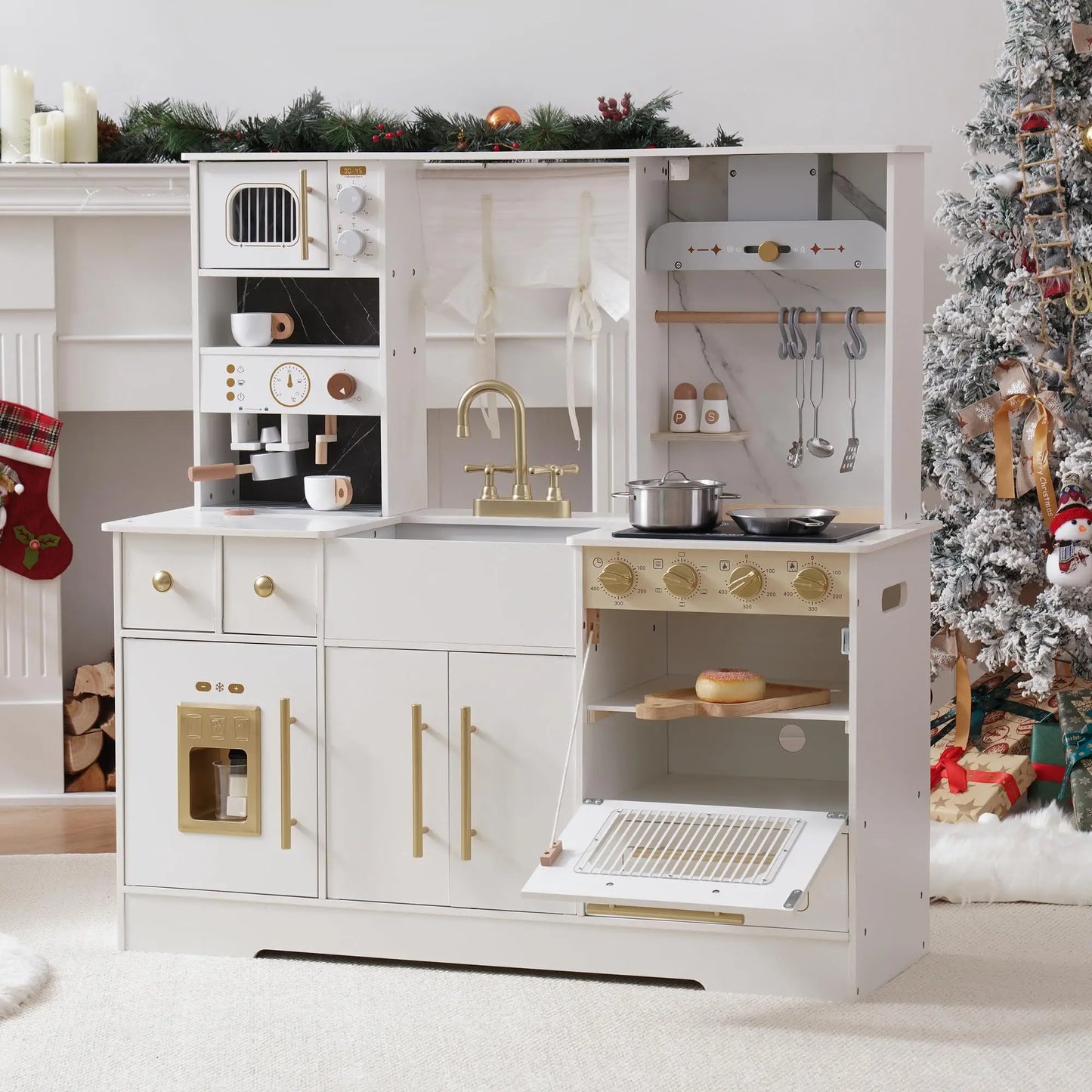 ROBOTIME Wooden Play Kitchen Toy Kitchen Set with Ice Maker and Coffee Machine Realistic Kitchen Set Gift for Toddlers