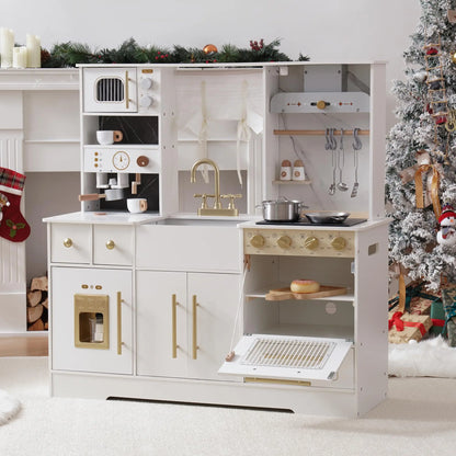 ROBOTIME Wooden Play Kitchen Toy Kitchen Set with Ice Maker and Coffee Machine Realistic Kitchen Set Gift for Toddlers